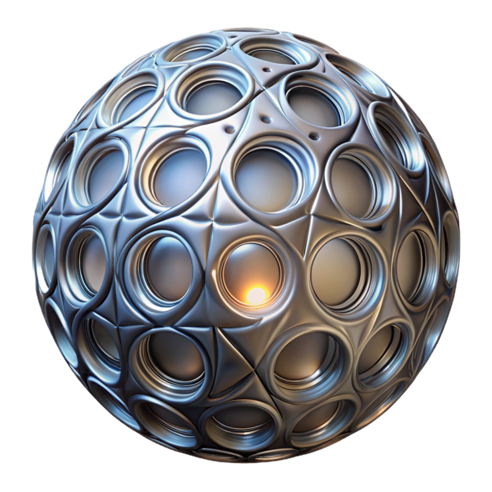 Abstract Metallic Sphere with Circular Cutouts and Geometric Patterns png