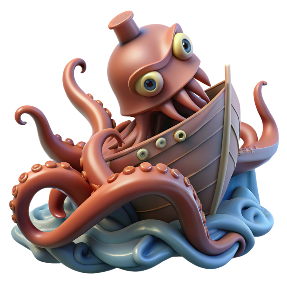 3D Render of Octopus Attacking a Ship png