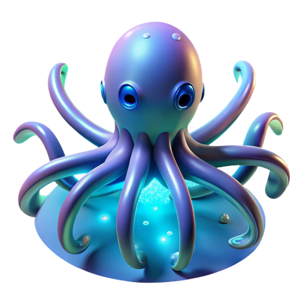 Glowing Octopus 3D Render Aquatic Life, Bioluminescent Creature, Ocean Theme, Digital Art, Underwater World, Eight Armed Cephalopod, Abstract Artwork, 3D Model, Shiny Texture, Vibrant Colors png