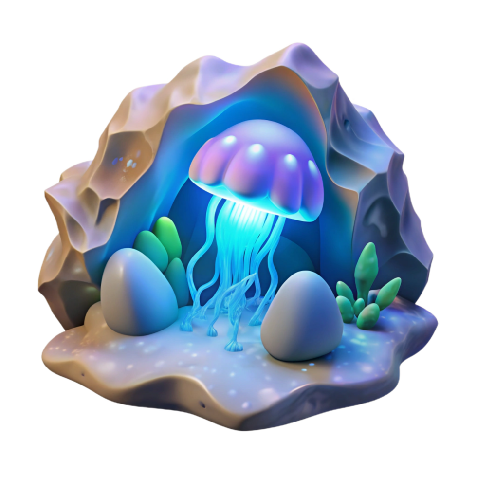 Glowing Jellyfish in a Coastal Cave 3D Render png