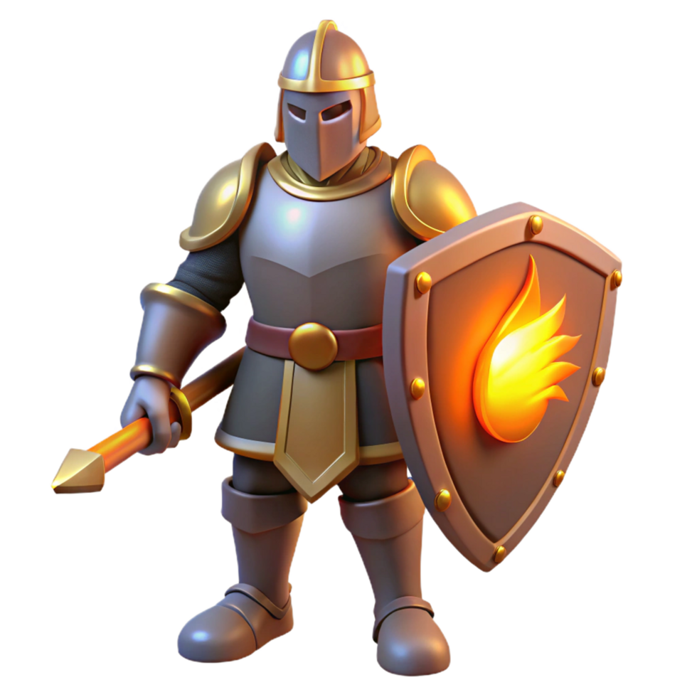3D Render of a Fantasy Knight with Flaming Shield and Spear png