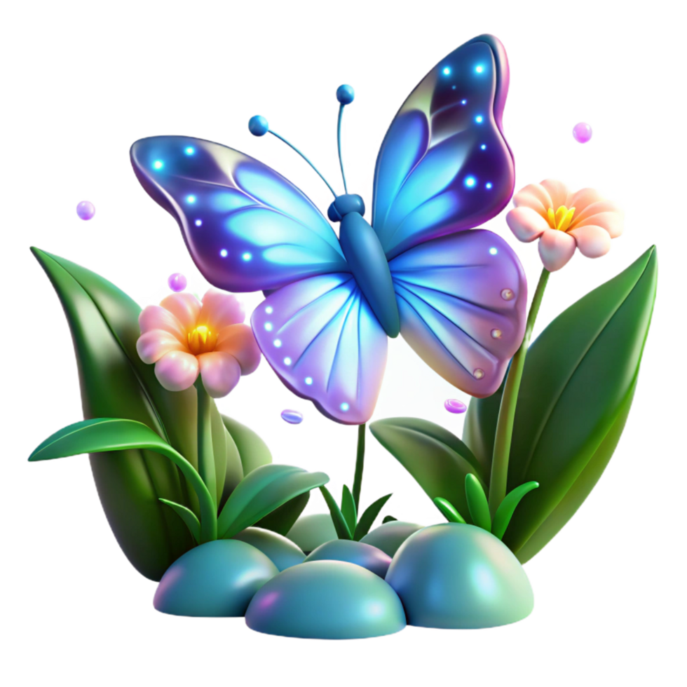 Glowing Butterfly on Flower with Rocks and Leaves png