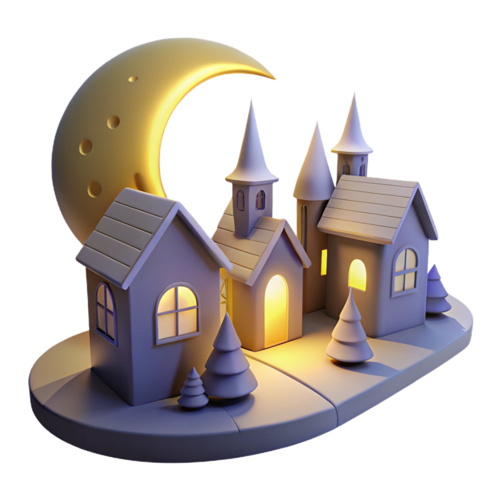 Nighttime Village Scene with Crescent Moon and Illuminated Houses png