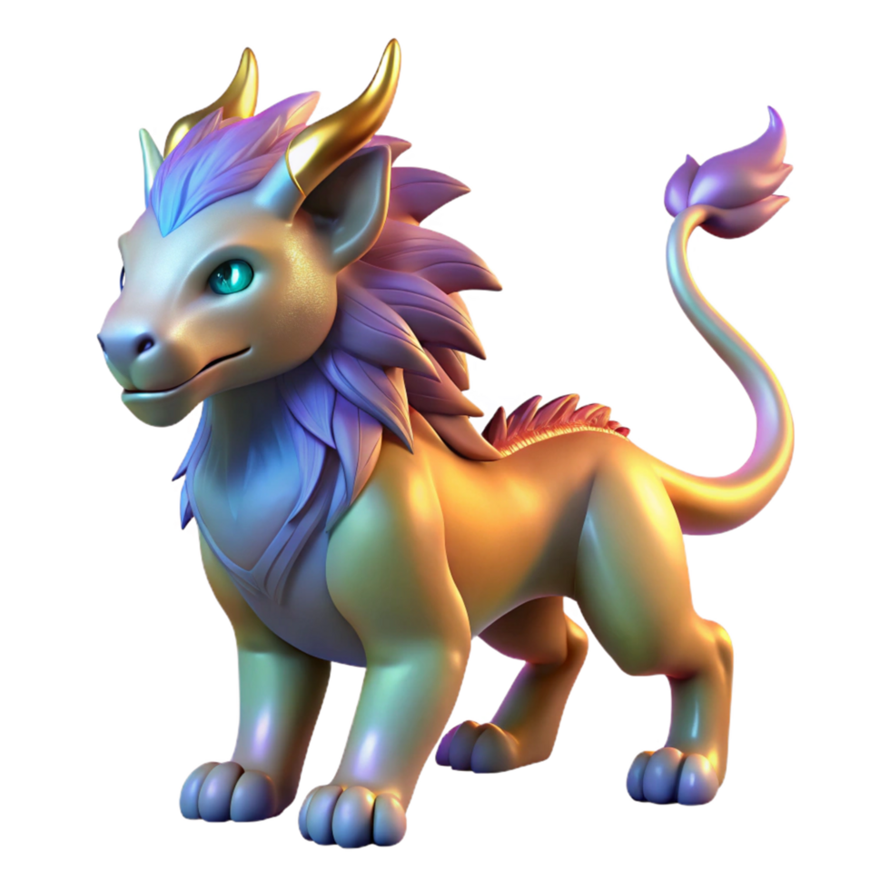 3d render do uma mítico dourado criatura com roxa juba e chifres png