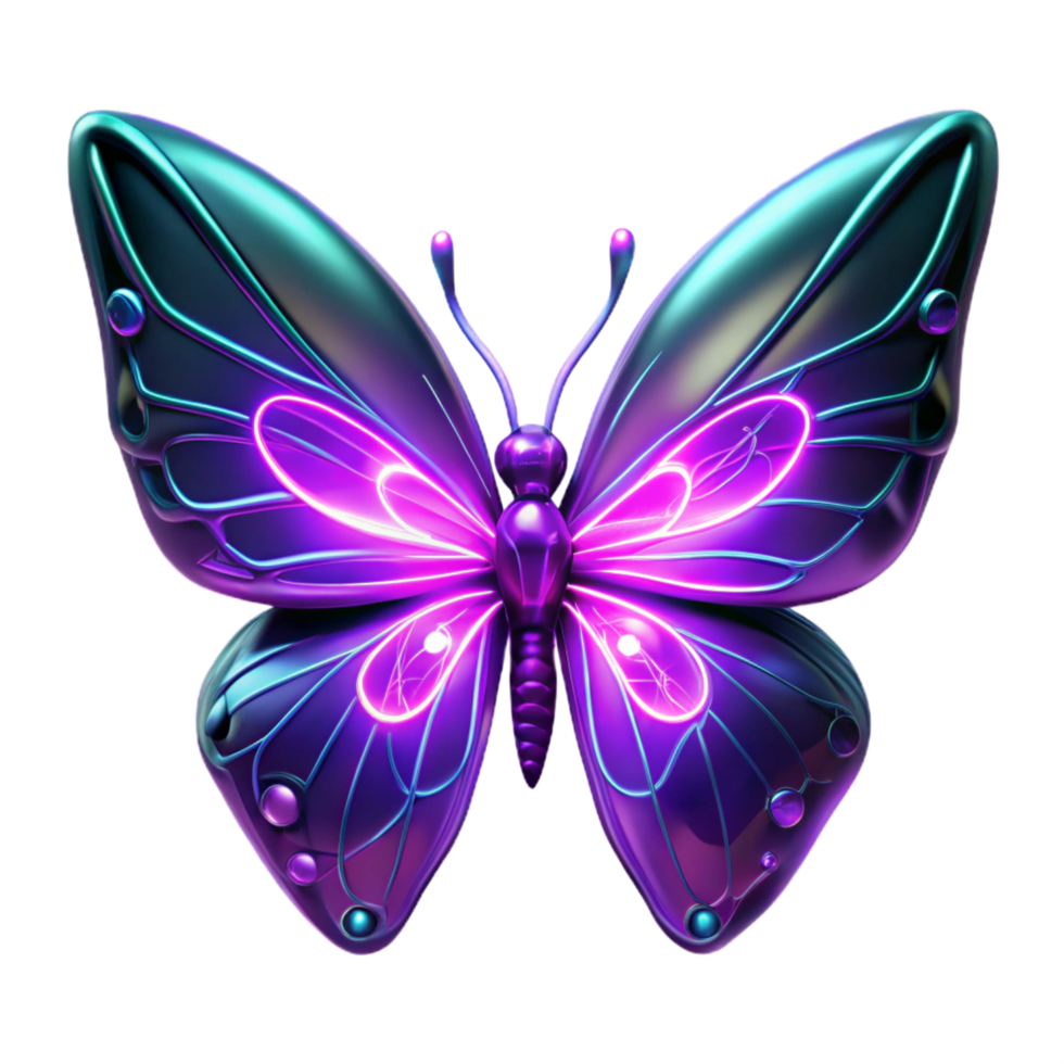 Neon Butterfly A 3D Render of a Futuristic Insect with Glowing Wings png