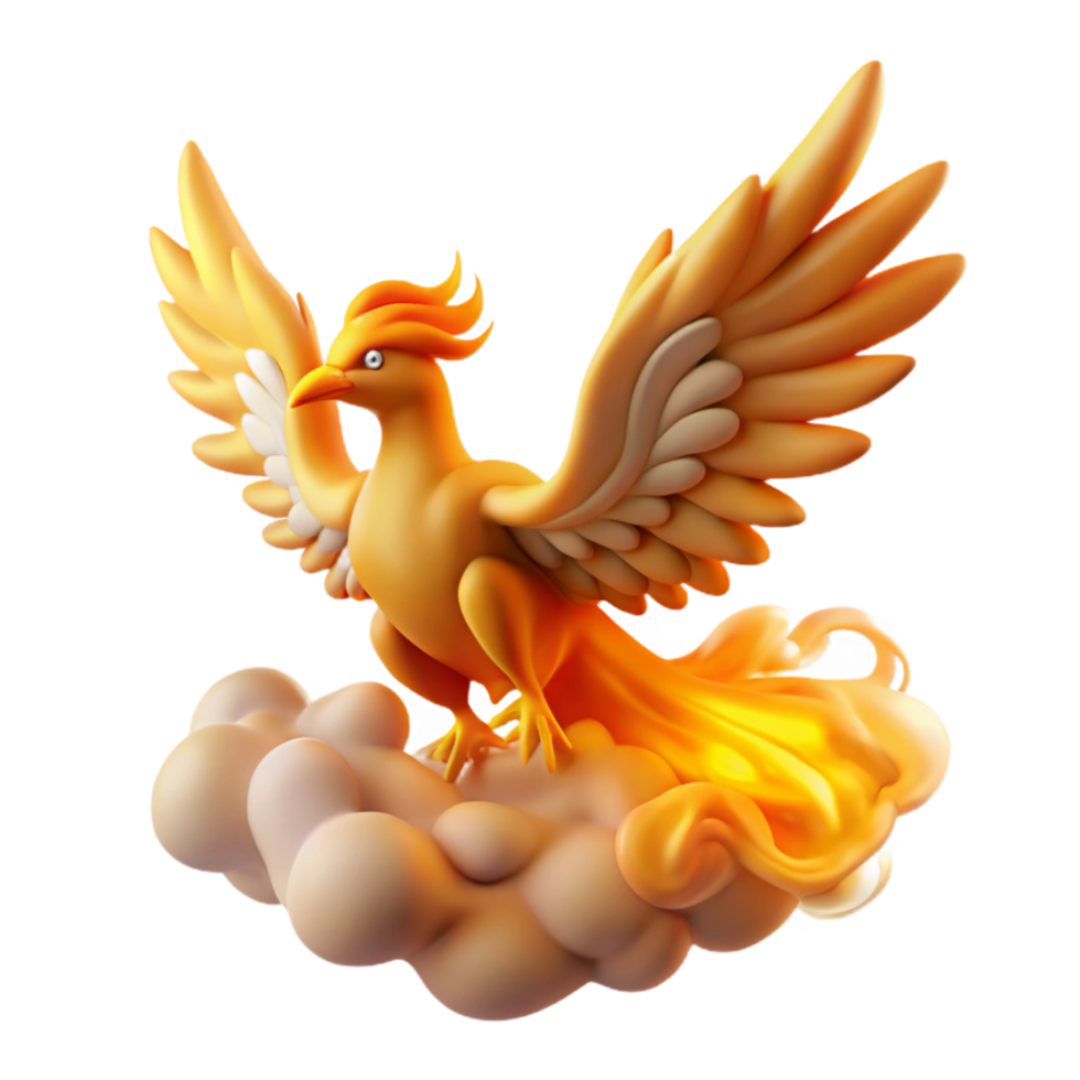 Golden Phoenix Soaring on Clouds 3D Render of Mythical Bird png