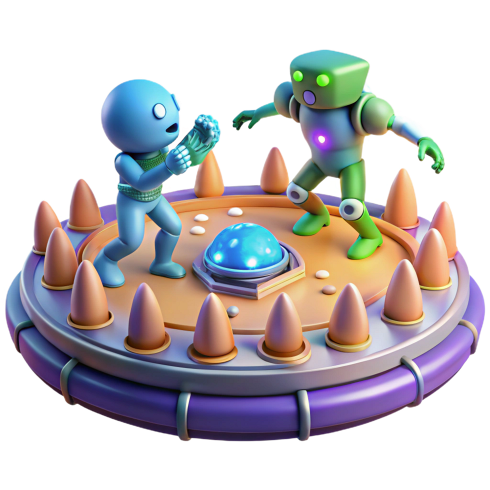 3D Render of Robots Interacting on a Futuristic Platform png