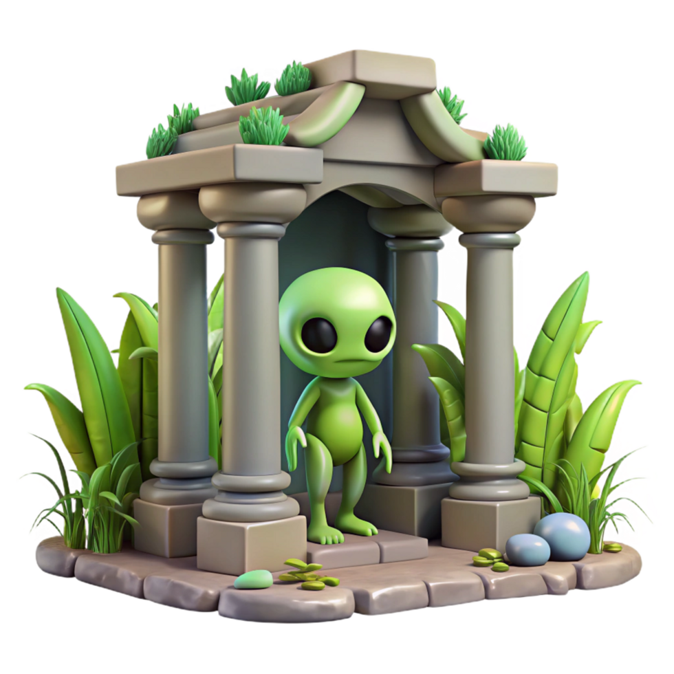 3D Render of Alien in Ancient Ruins png