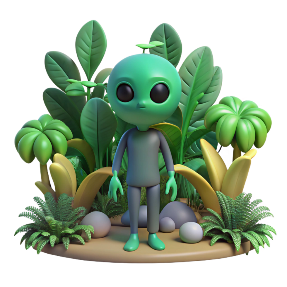 3D Render of an Alien in Lush Tropical Foliage png