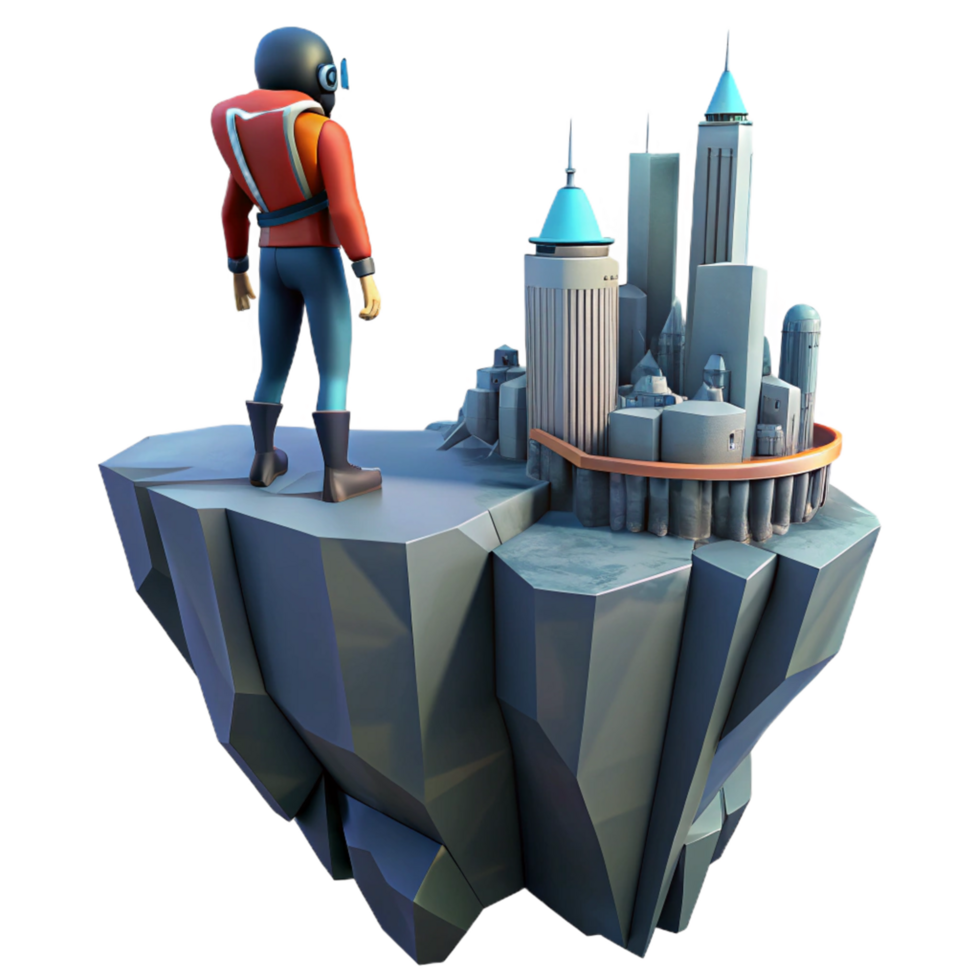 Explorer Gazes Upon Floating Cityscape png