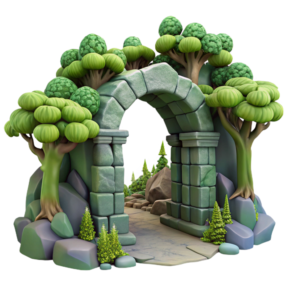 Stone Archway Entrance to a Lush Green Forest Path png