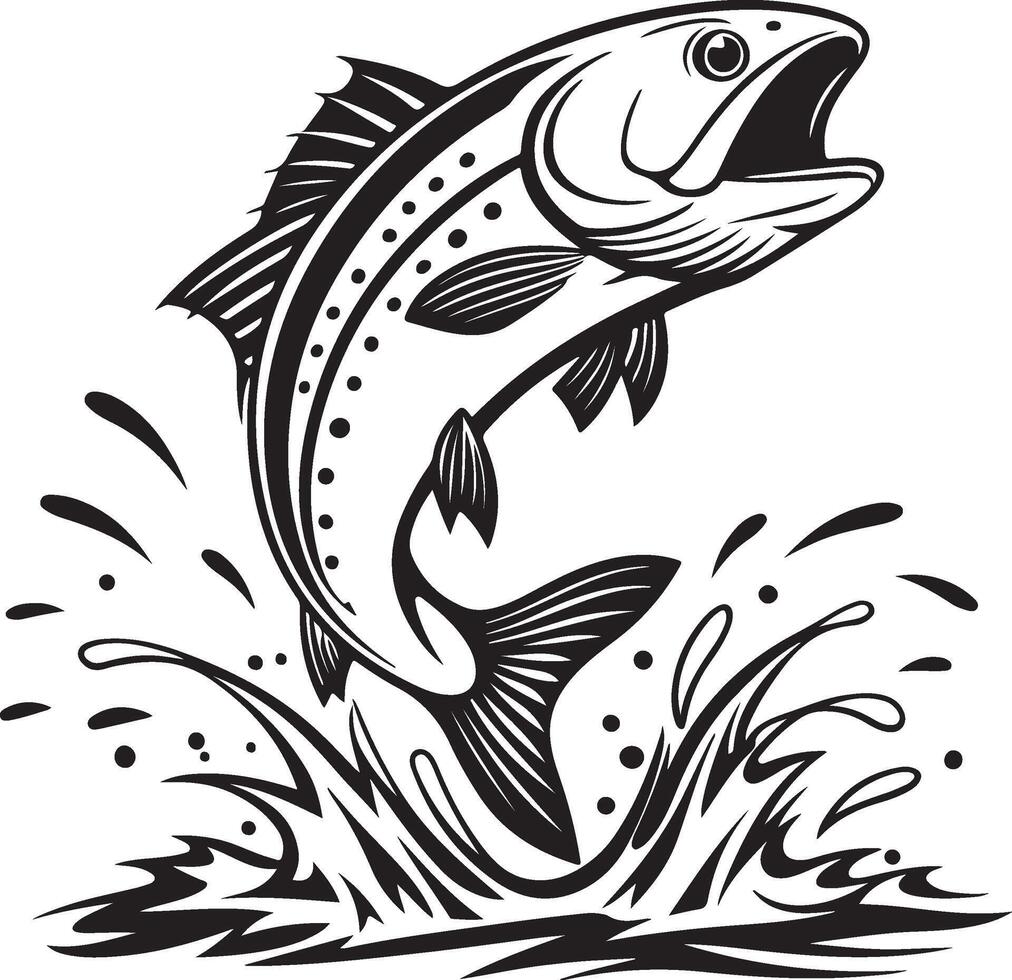 Black and White Leaping Fish Illustration with Dynamic Water Splashes vector