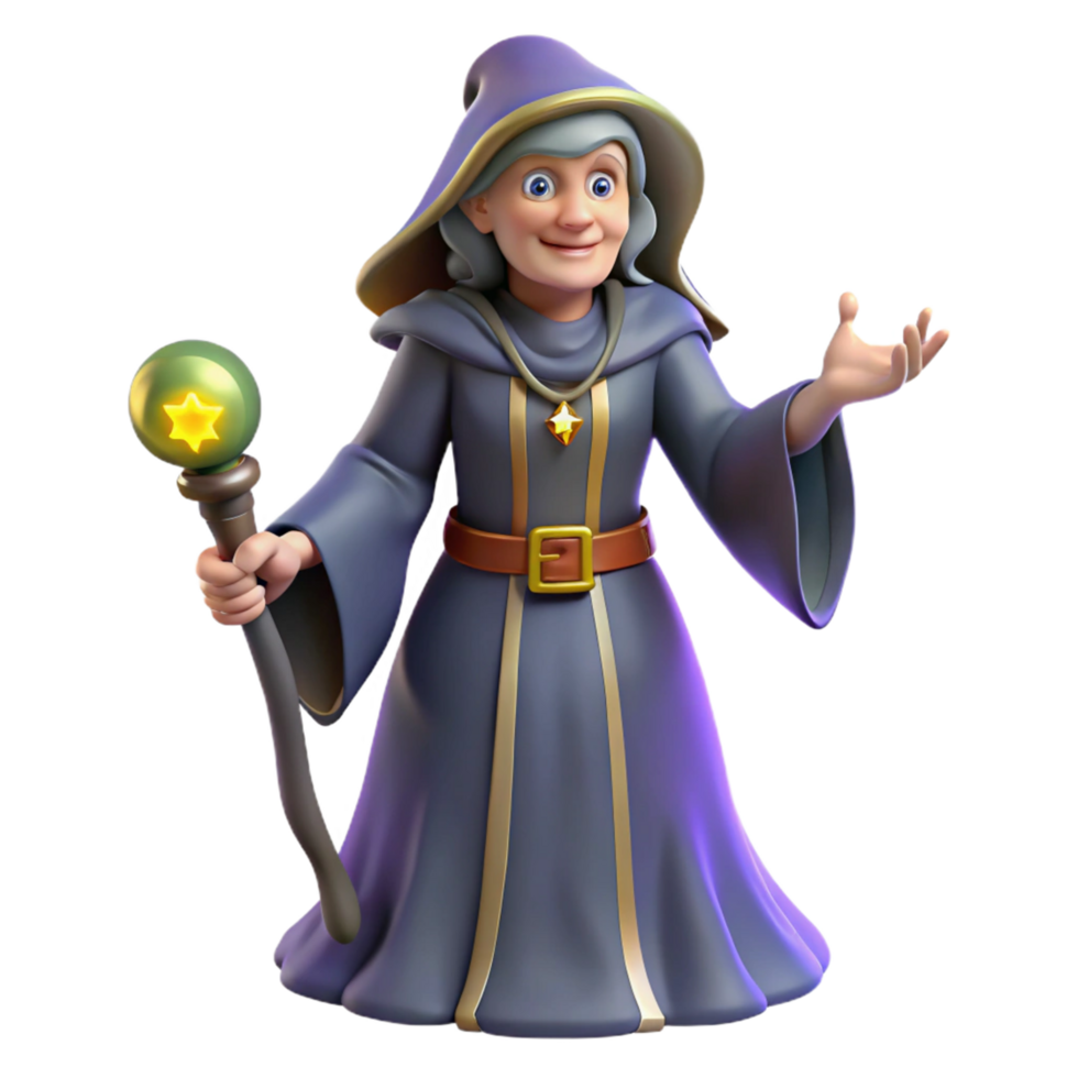 3D Render of a Friendly Cartoon Witch with a Magic Staff png