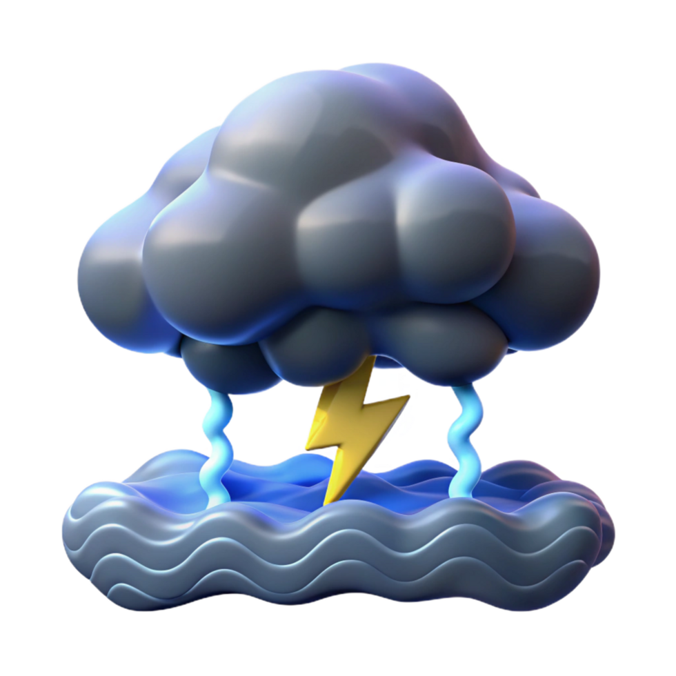 3D Render of a Storm Cloud, Lightning, and Waves png
