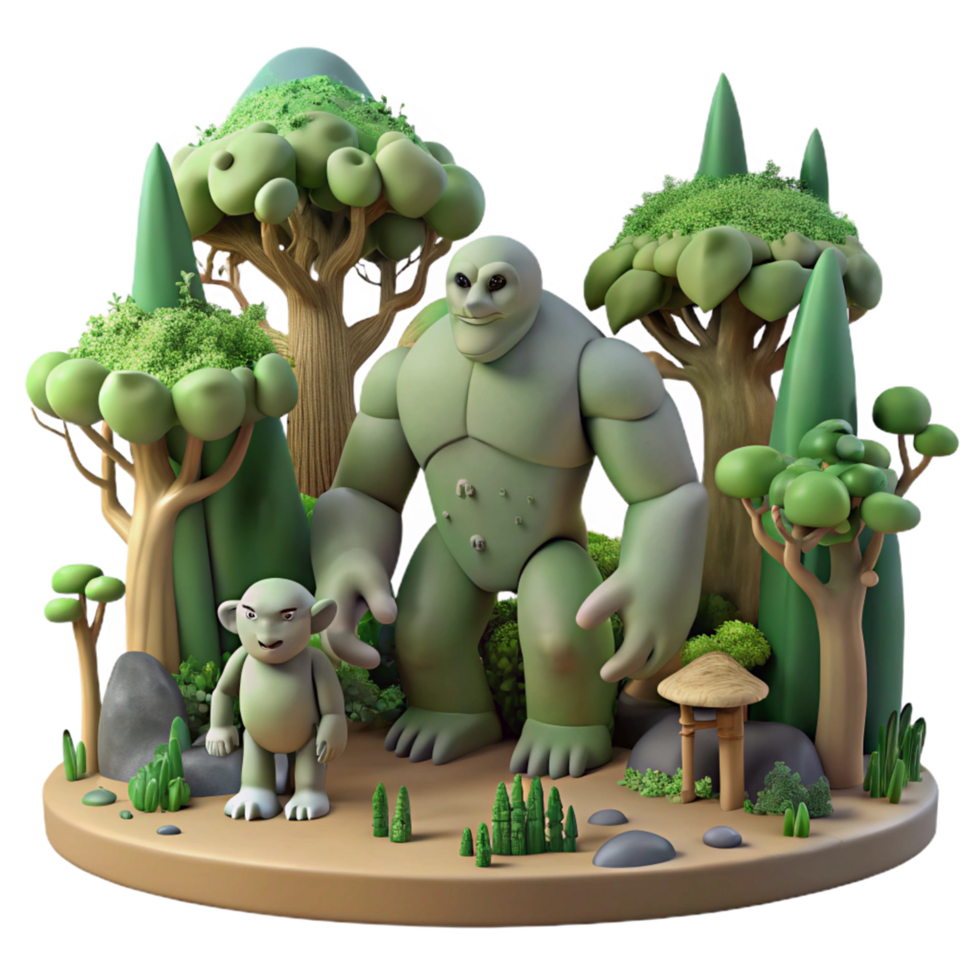 Giant and Mini Creature in a Lush Forest Scene png