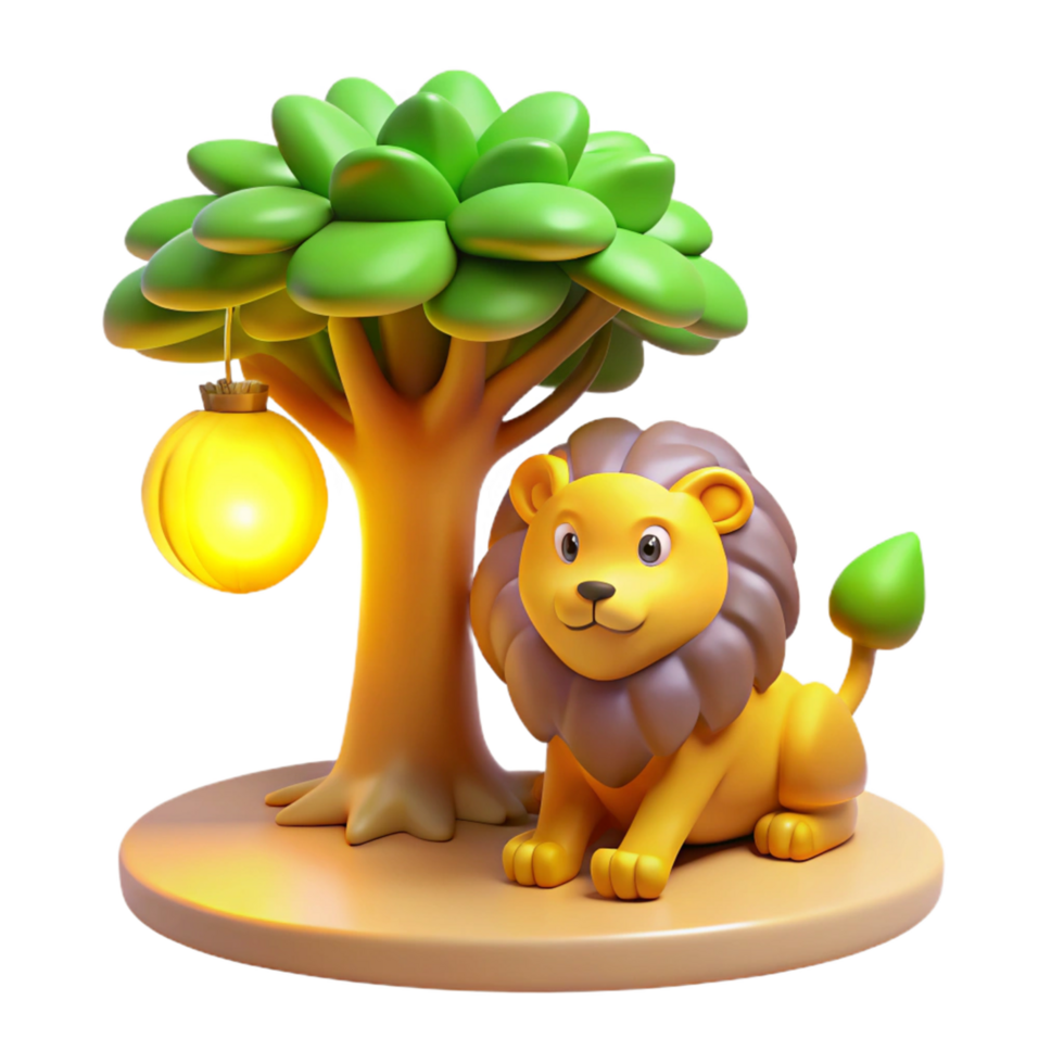 Cute Cartoon Lion Under a Tree with Lantern png