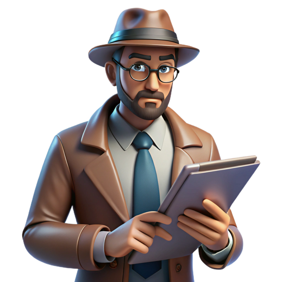 3D Render of a Detective Investigating a Case with a Tablet png