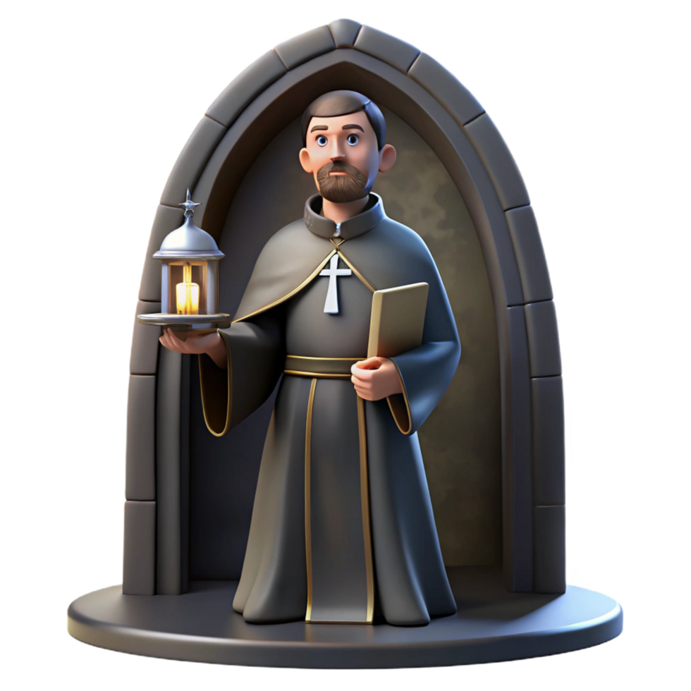 3D Render of a Monk in an Archway Holding a Lantern and Book png