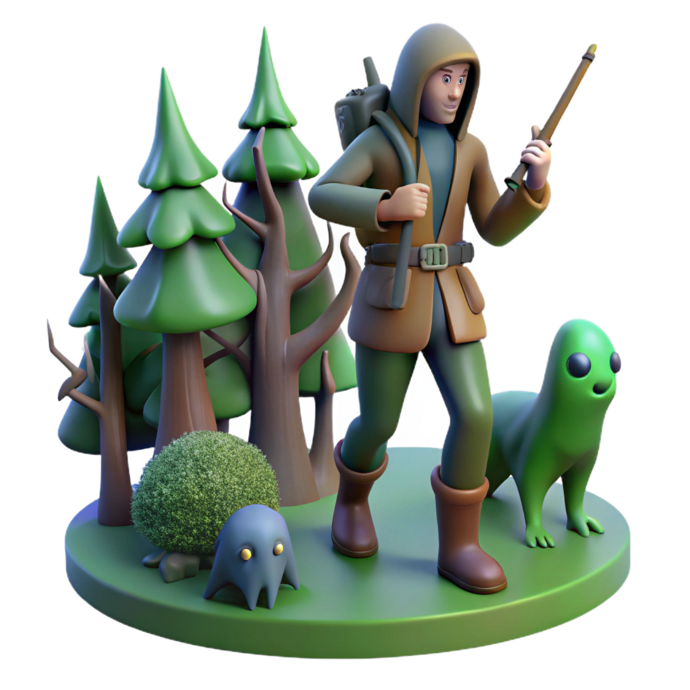 3D Render of Adventurer in Enchanting Forest with Cryptid Companions png