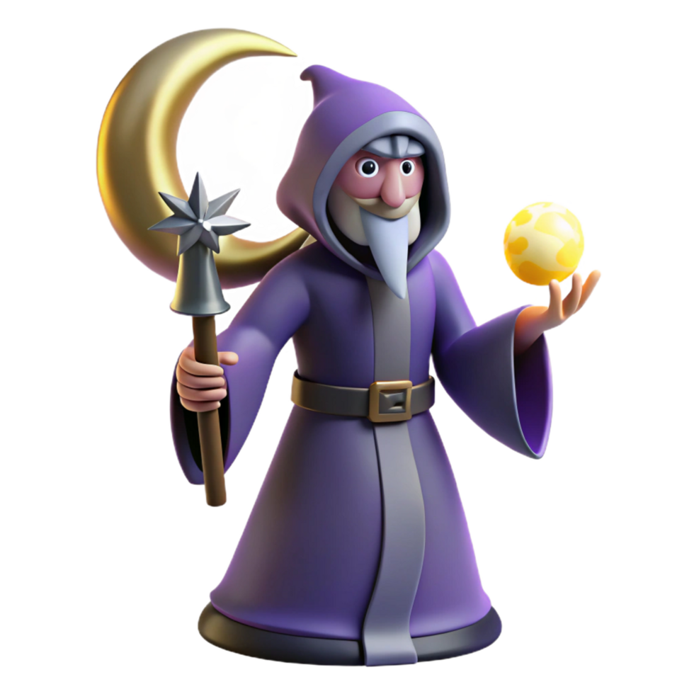 Wise Old Wizard with Crescent Moon Staff and Orb of Light png
