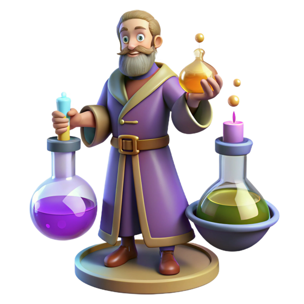 Cartoon Alchemist with Potions and Flasks png
