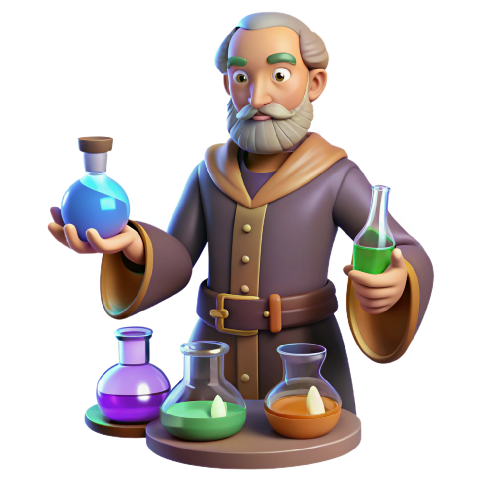 A whimsical 3D Alchemist crafting colorful potions png