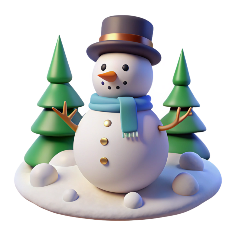 Winter Wonderland Snowman 3D Render with Festive Trees png