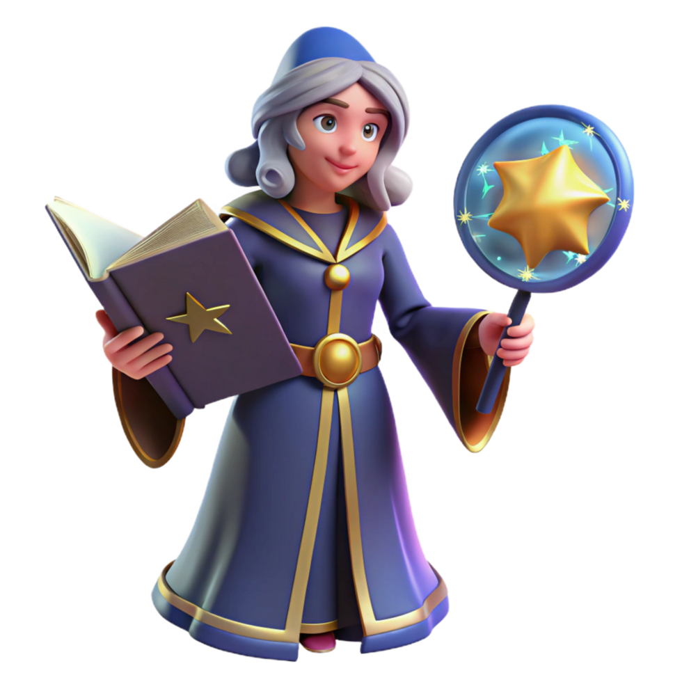 3D Render of a Female Wizard with a Spellbook and Star Wand png