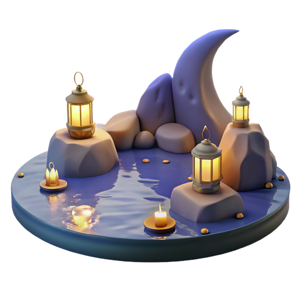 Serene Night Scene with Lanterns, Moon, and Candles png