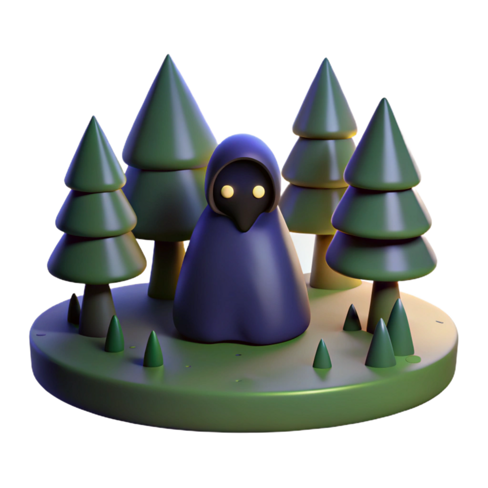 Mysterious Hooded Figure in a 3D Rendered Forest Scene png