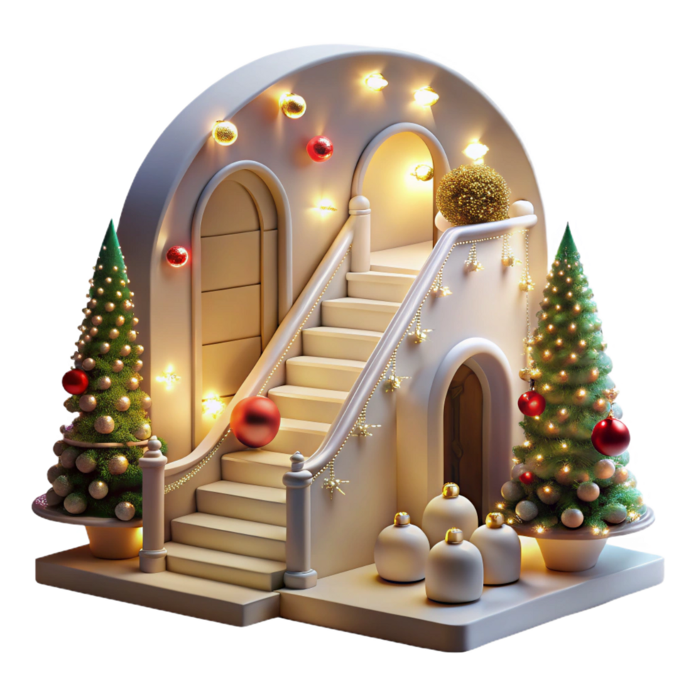 Festive Staircase Christmas Scene with Illuminated Decor and Trees png
