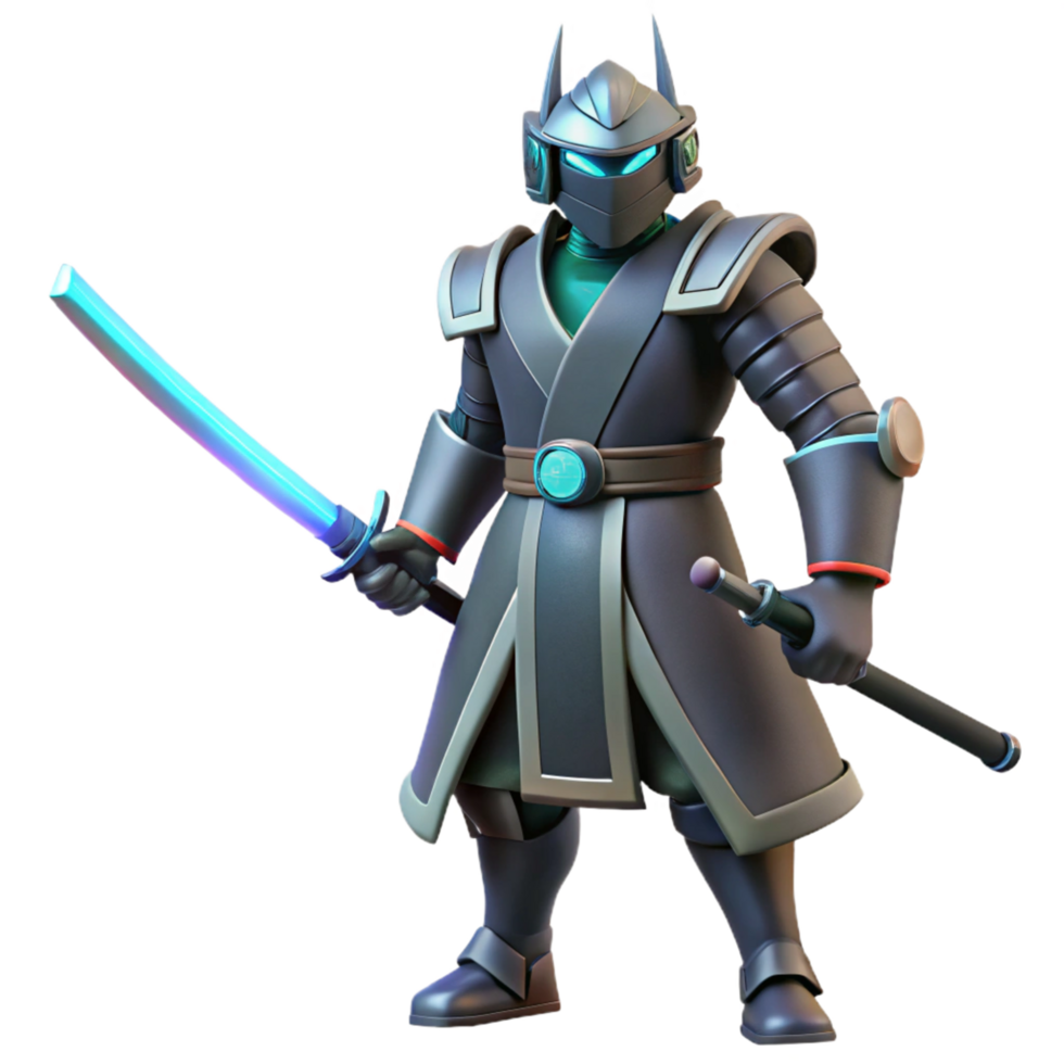 Futuristic Samurai Cybernetic Warrior with Glowing Sword and Staff png