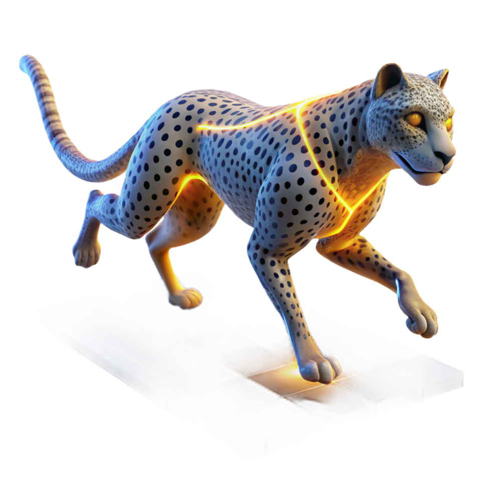 Cheetah in Motion 3D Render of a Spotted Cat Running on a Grid png