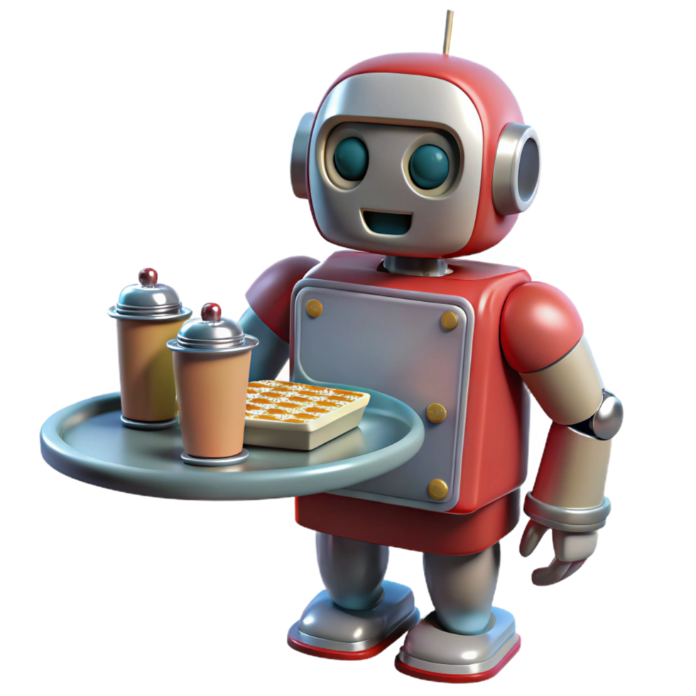 Friendly Robot Server Serving Drinks and Dessert png