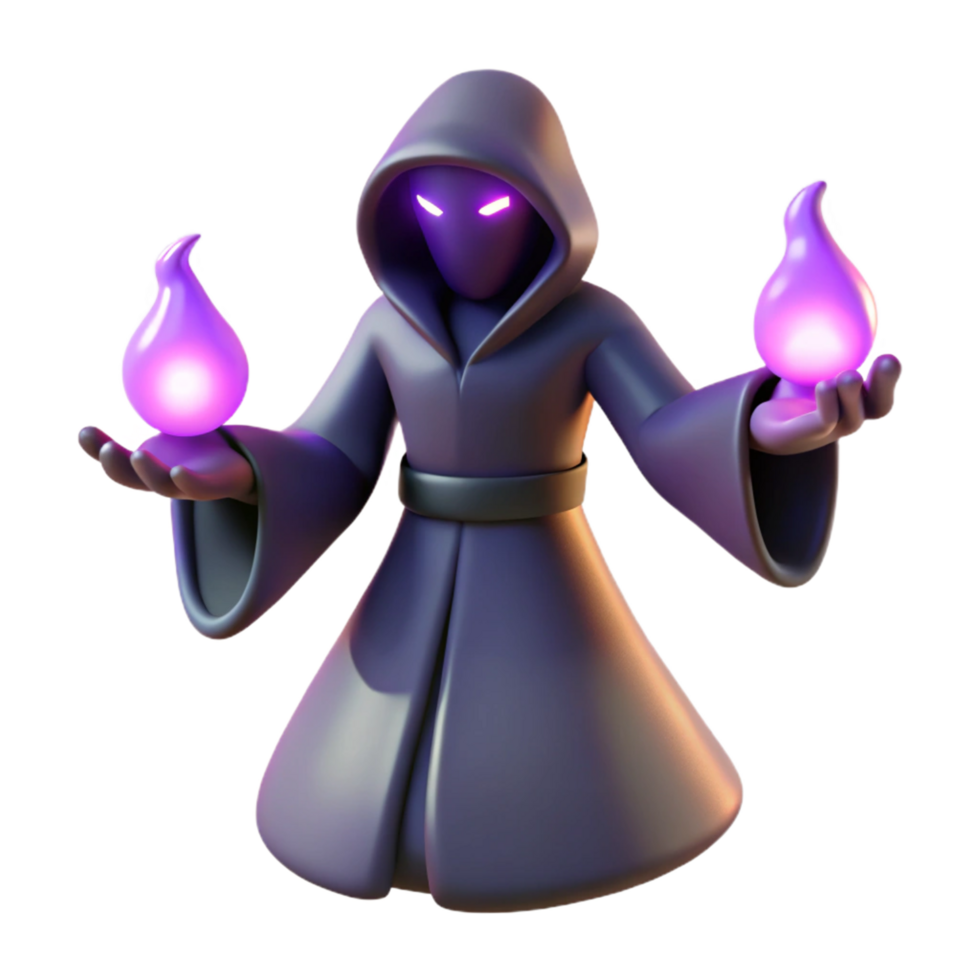 Mysterious Hooded Figure with Glowing Flames 3D Render png