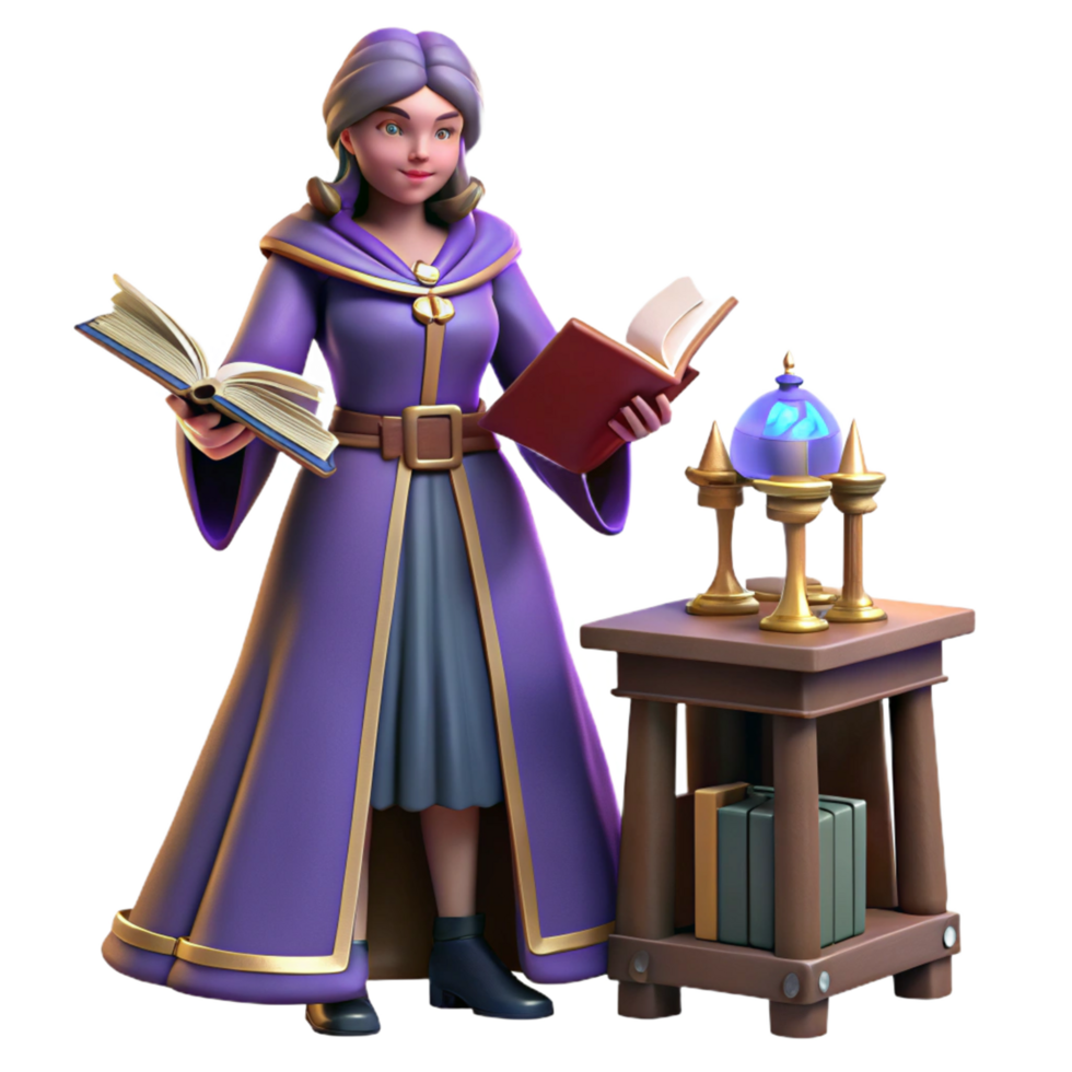 Fantasy Witch 3D Render Spellcasting, Books, Potions png