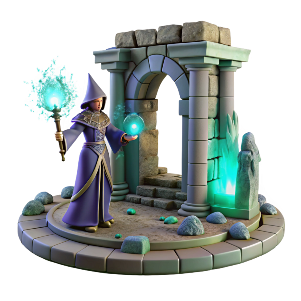 Wizard Casting Spells at Ancient Ruins 3D Render png