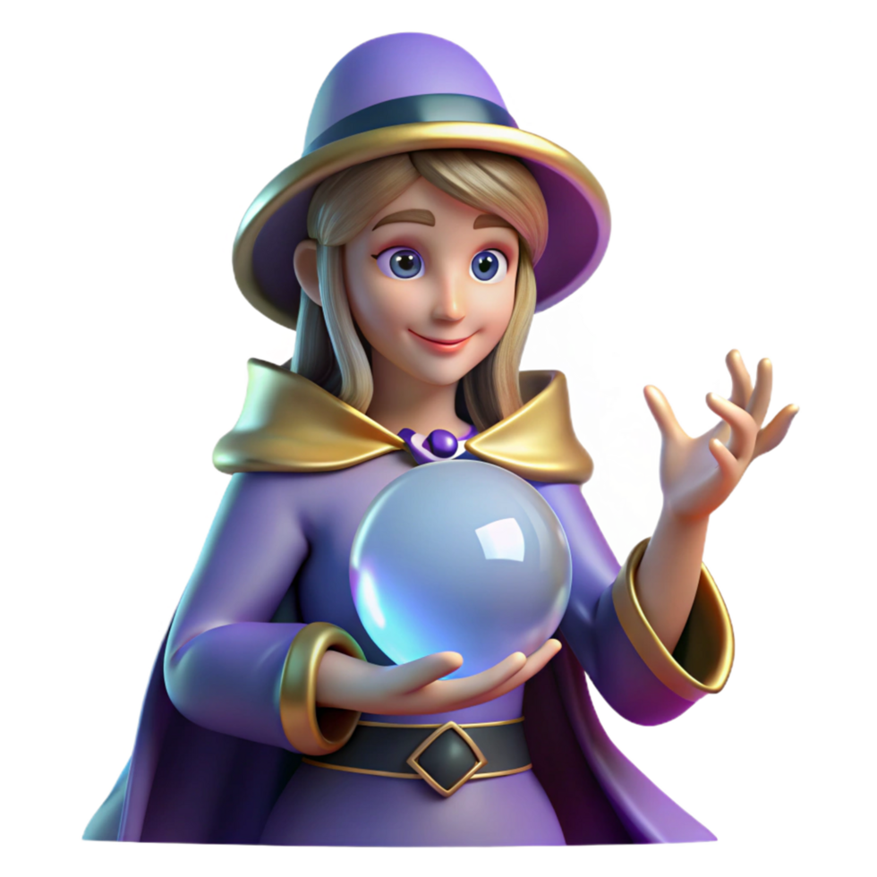 Enchanted Seer 3D Render of a Young Sorceress with Crystal Ball png