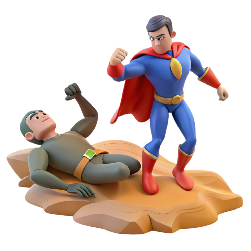 Superhero Defeats Villain 3D Render of Epic Showdown png