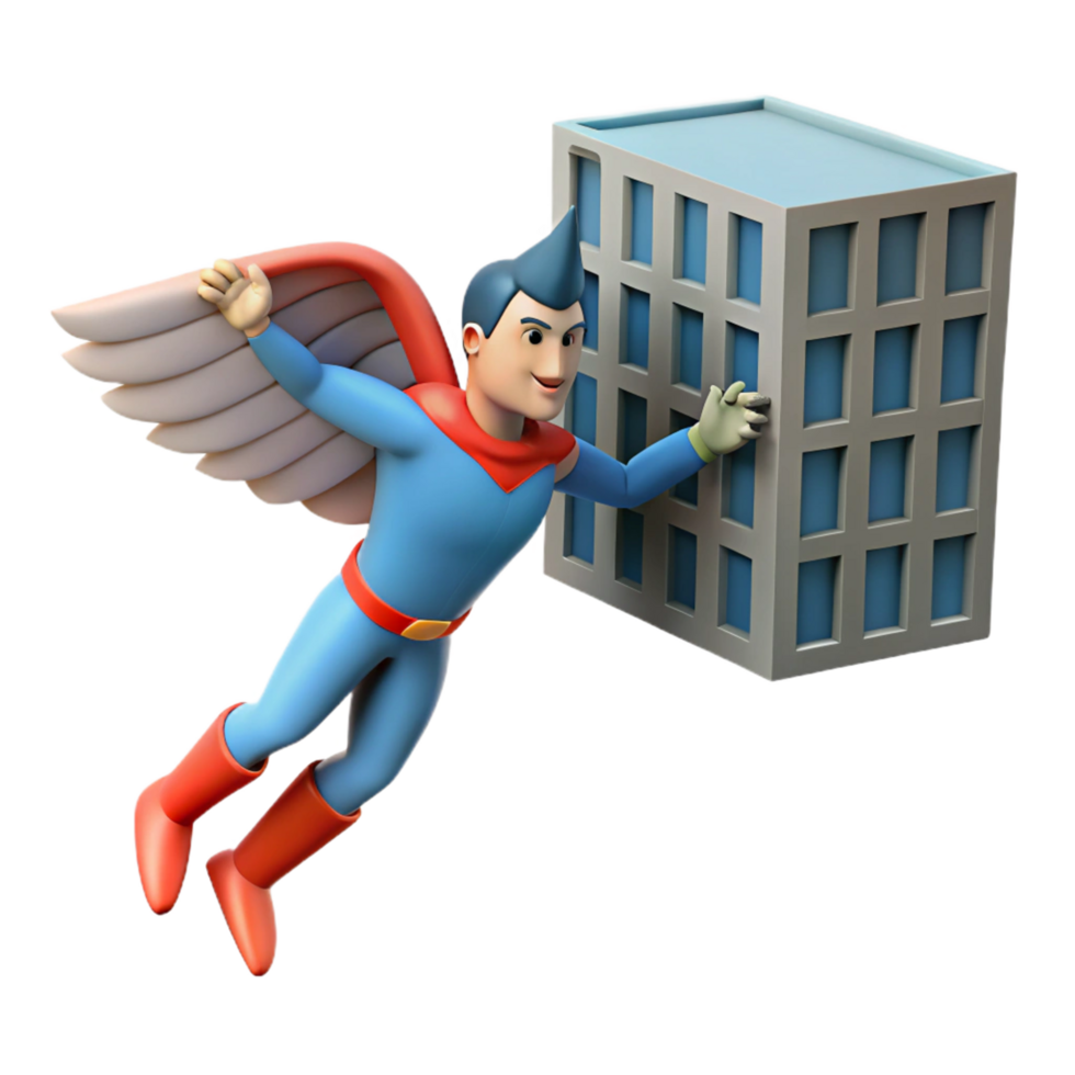 Superhero Flying Towards a Building A 3D Render png