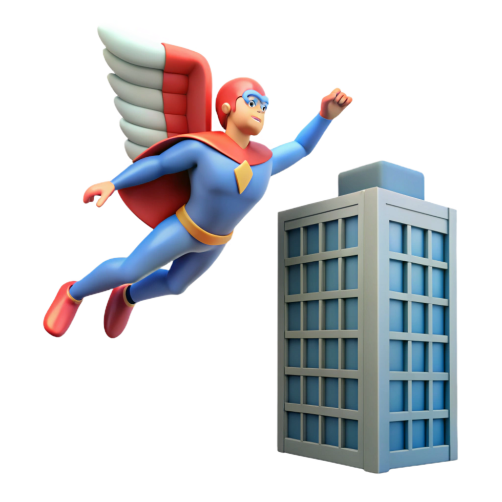 Superhero in Flight Approaching Skyscraper png