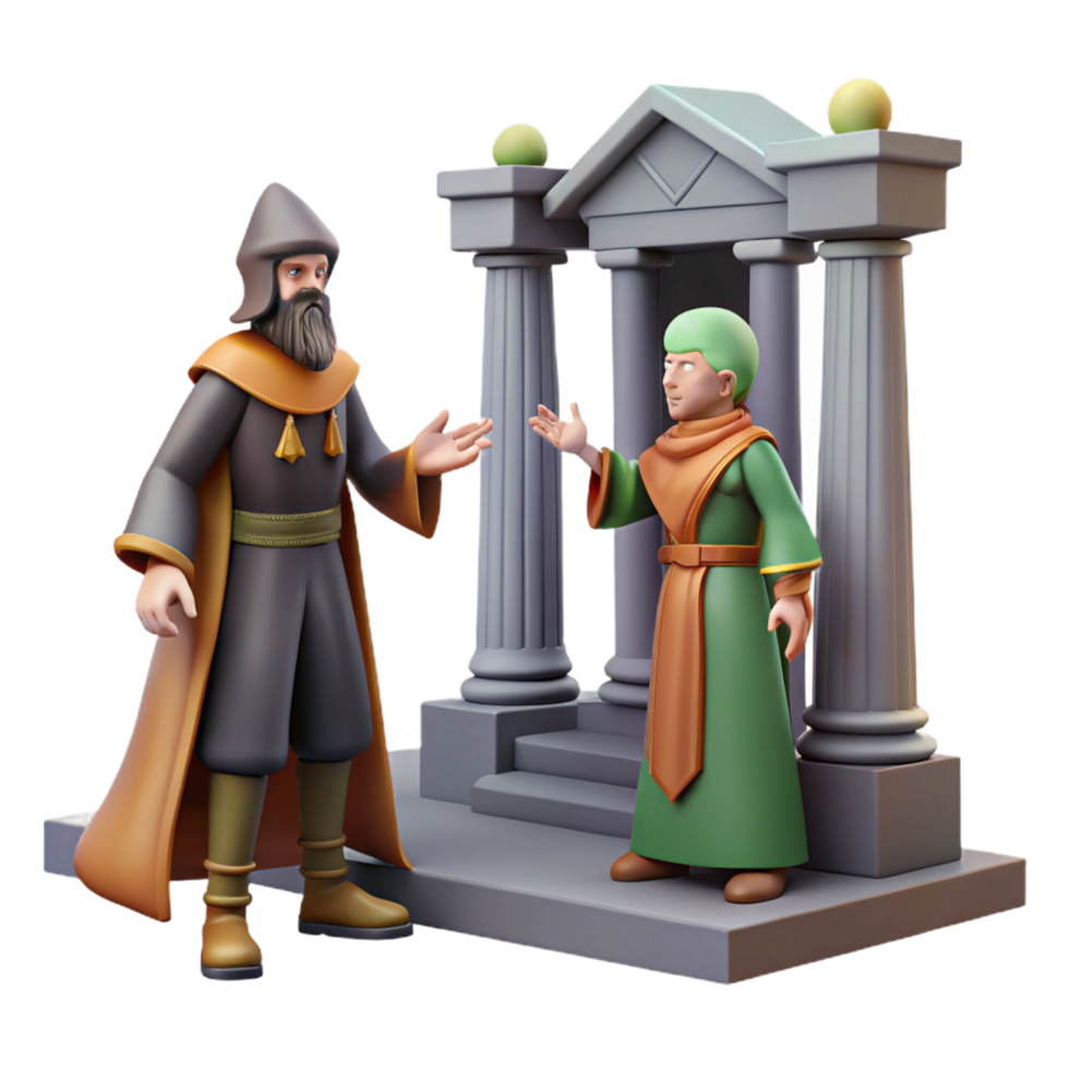 3D Render of Two Figures in Medieval Robes Conversing at a Stone Portal png