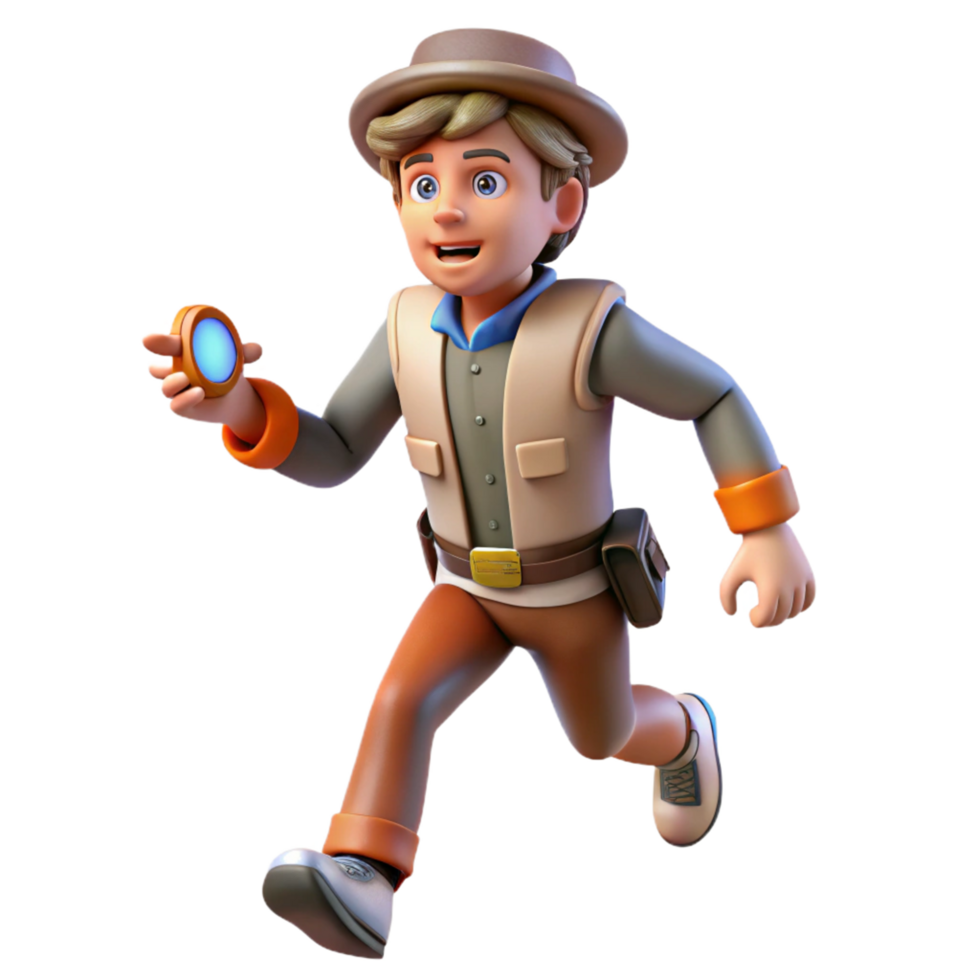 3D Render of Boy Explorer Running with Compass png