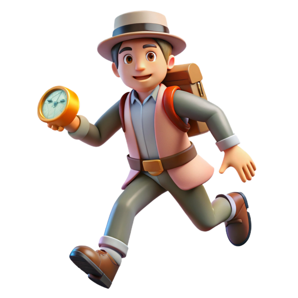 3D Render of an Adventurer Running with a Compass png