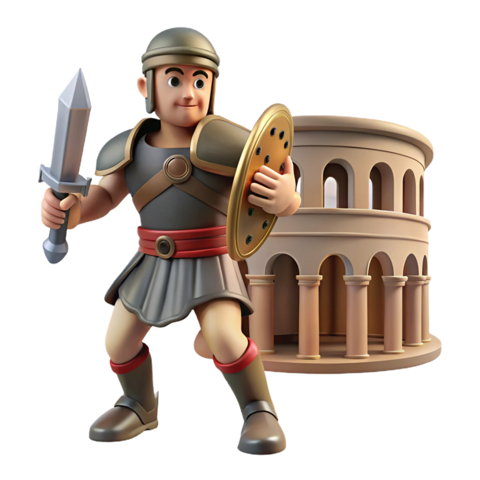 3D Render of Ancient Gladiator with Sword and Shield Near Columns png