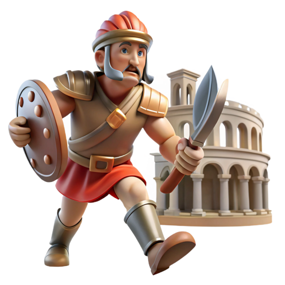 3D Render of Ancient Warrior with Shield and Weapon Near Colosseum png