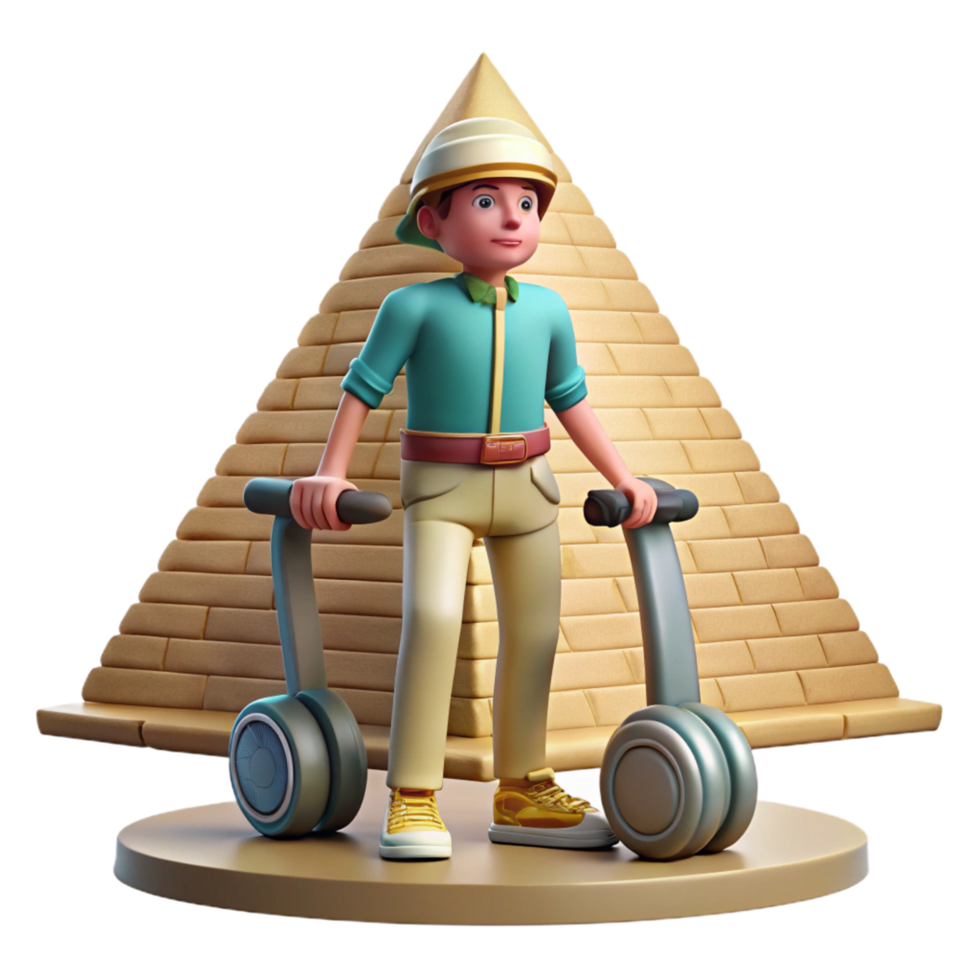 3D Render of an Adventurer on a Personal Scooter Exploring a Pyramid png