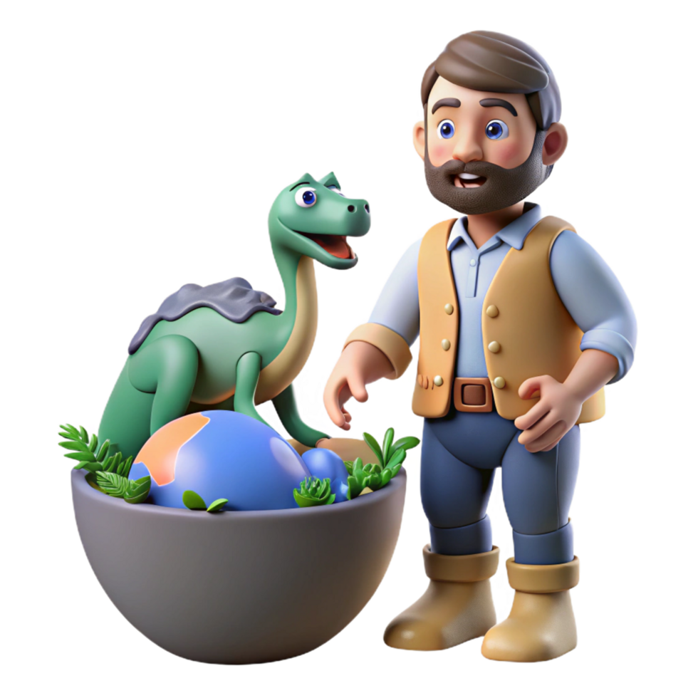 3D Render of a Man and a Dinosaur with a Fossil Egg png
