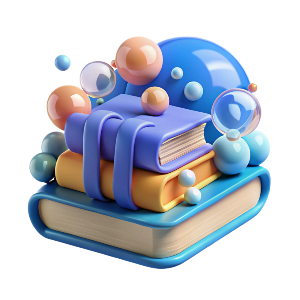Stack of Books with Colorful Bubbles 3D Render png