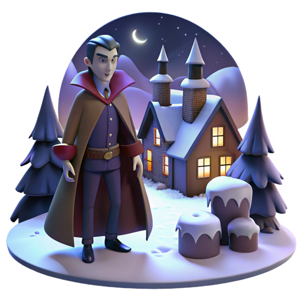 3D Render of Vampire in Snowy Village at Night png